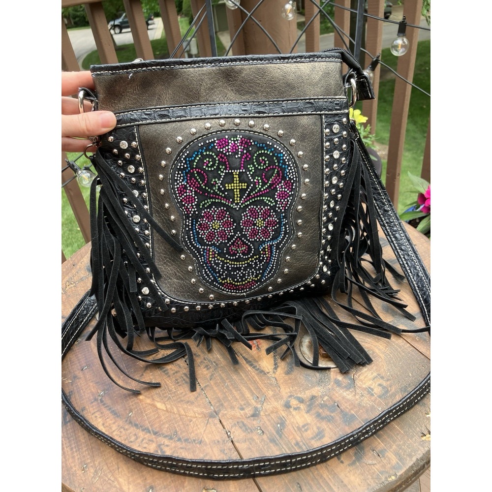 Sugar Skull Fringe Crossbody Bag Rhinestone Studded Western Purse Black Silver
